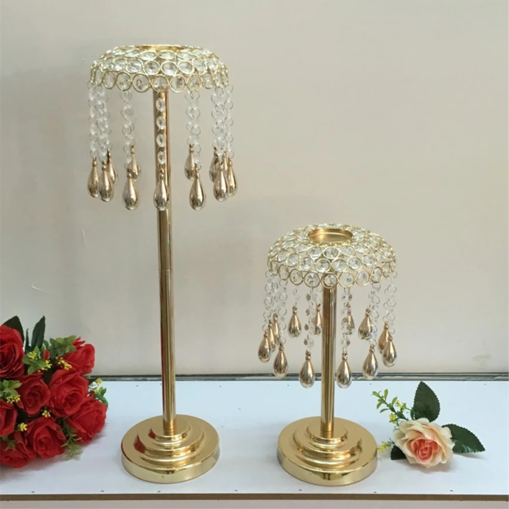 Golden Candle Holder Crystals Wedding Table Candelabra/ Centerpiece Delicate Wind Chimes Type Decoration Candlestick 10 Pcs/ Lot