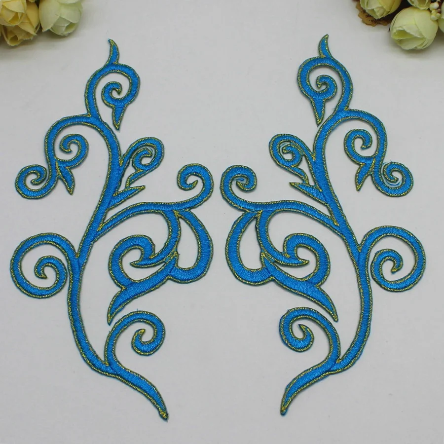 2 Pieces Gold Trim Iron on Flower Embroidered Patches Mirror Pairs Applique Costume Cosplay 18-9cm