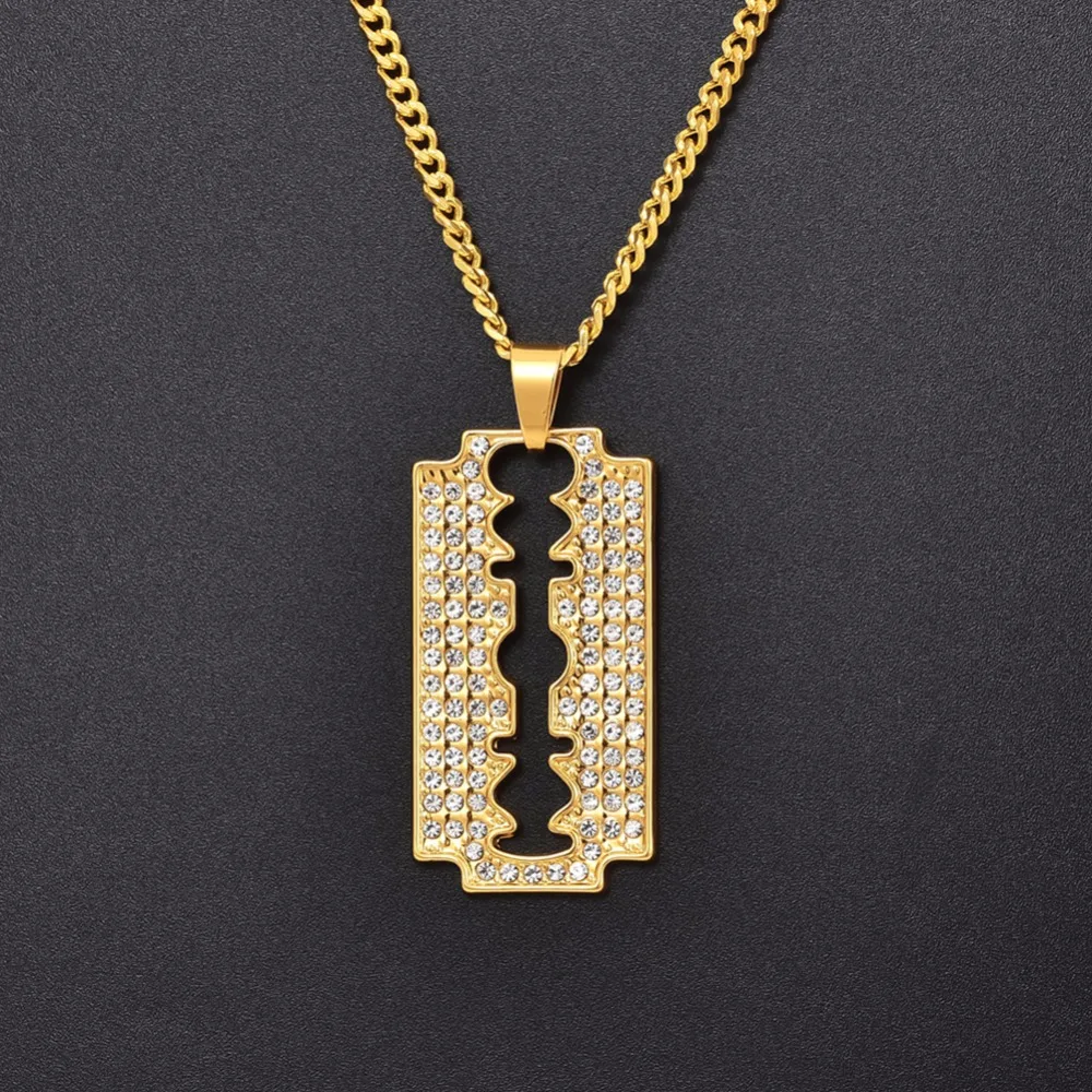 Hip Hop Bling Ice Out Razor Blade Pendants Necklaces Gold Color Stainless Steel Chain Barber Shop Necklace for Men Jewelry