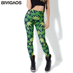 BIVIGAOS – pantalon moulant et fin pour femme, pantalon extensible, Style aventure du temps, imprimé, feuilles de mauvaises herbes vertes, noir, lait, été