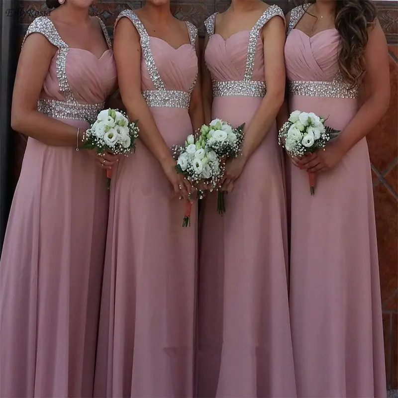 Dusty Rose Pink Bridesmaid Dresses Chiffon A Line Pleated Crystals Elegant Maid of Honor Dress Wedding Party vestidos compridos