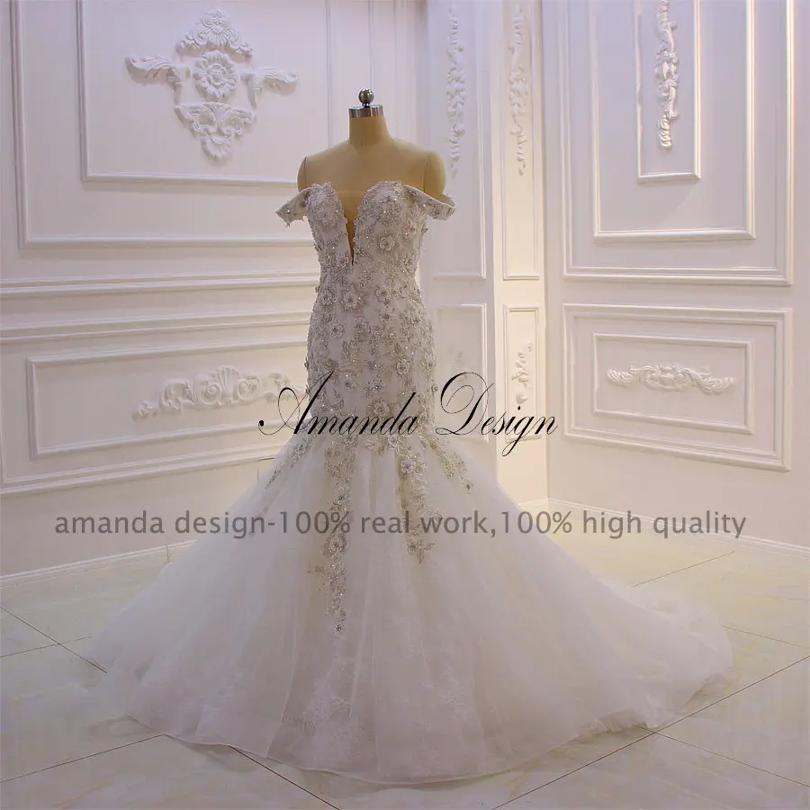 Amanda Design Bride Dress Off Shoulder Sleeves Lace Applique Mermaid Wedding Dress