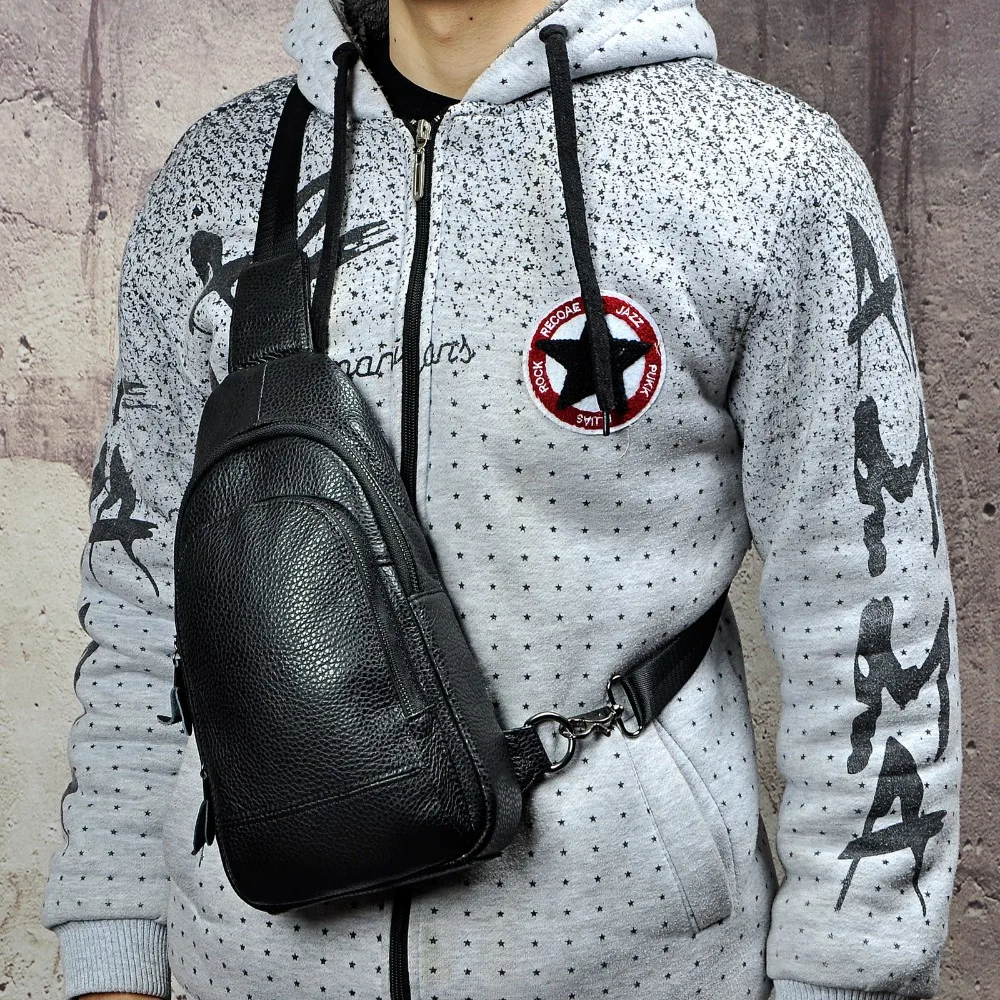 Men Real Leather Casual Chest Bag Sling Bag Design One Shoulder Bag Fashion Crossbody Bag Daypack For Male 8011