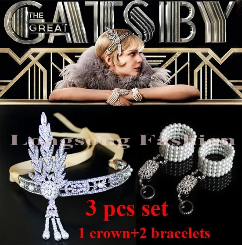 Rhinestone Connector,Hotsale 3 pcs set,The Great Gatsby DAISY Pearl Tassels Headband Bracelet Set,Wedding Bridal Crown LSGAT01