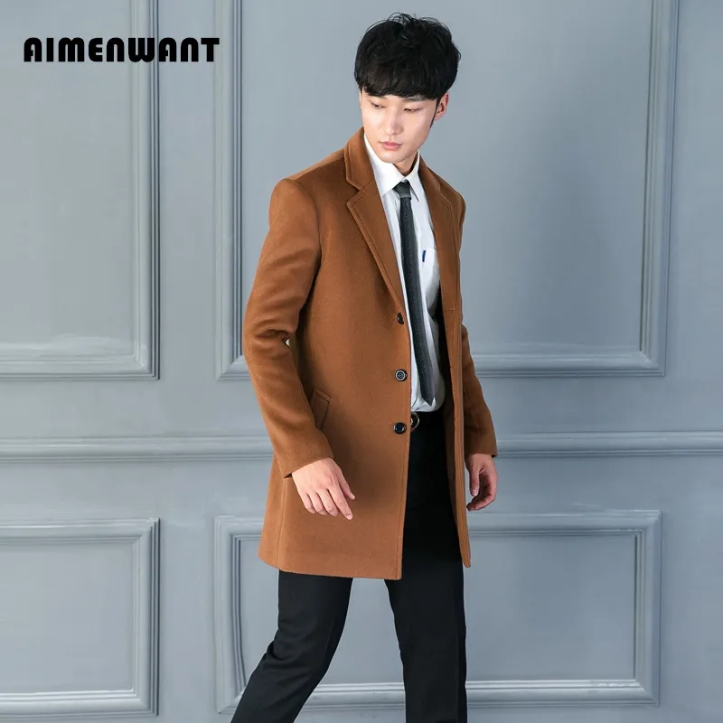 AIMENWANT Brand Korean Fashion Men's Woolen Coat Medium Length Single Breasted Brown Wool Trench Coats Male Fashion Causal Top