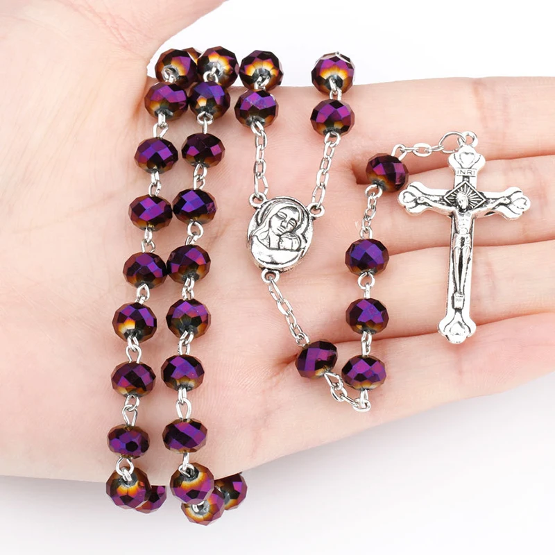 Cross Pendant Necklace Virgin Holy Christ Rosary Necklaces for Women Men Purple Crystal Beaded Catholic Prayer Jewelry Rosaries