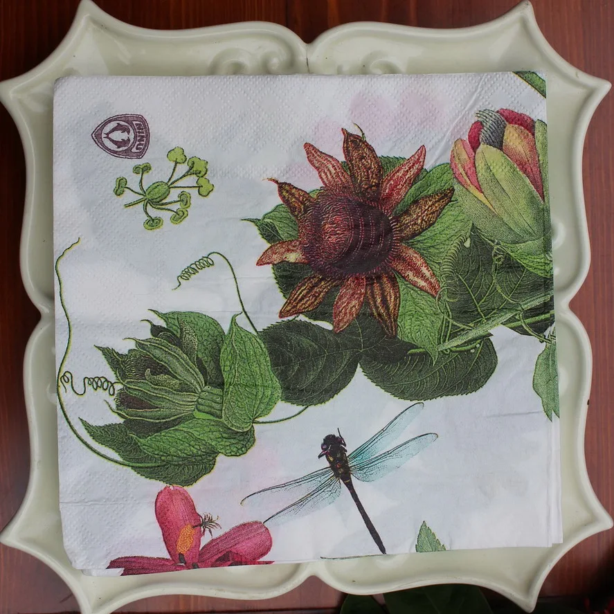 vintage table Napkin paper tissue printed Passionflower dragonfly handkerchief decoupage servilletas wedding party hotel decor