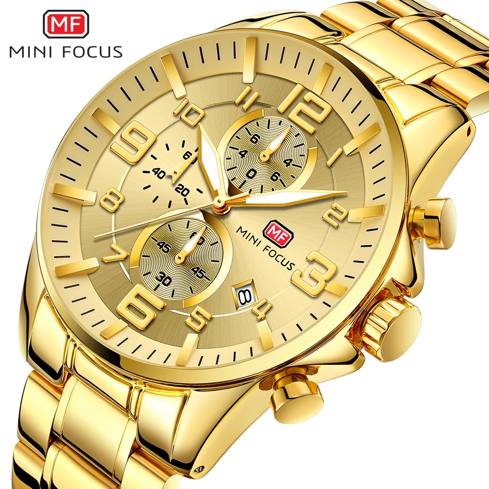 MINIFOUCS Watch Men Gold Steel Strap Sport Quartz Watches Top Brand Luxury Analog Waterproof Mens Fashion Chronograph WristWatch