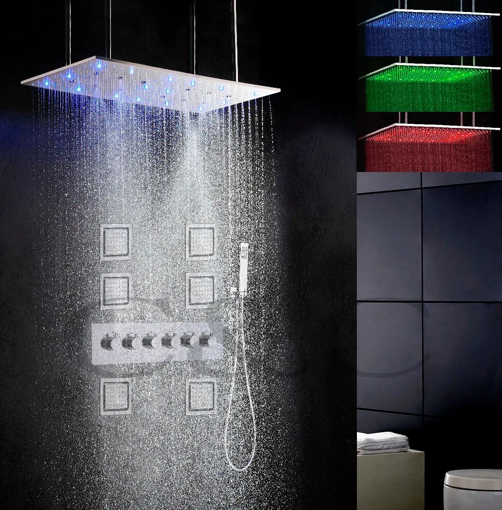 Bathroom Bath & Shower Faucet Set 800X400 mm Atomizing Swash And Rainfall LED 3 Color Temperature Sensitive Shower Head