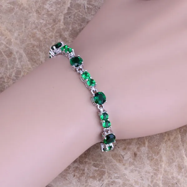 Precious Green Cubic Zirconia Silver Plated Link Chain Bracelet 7 inch S0250