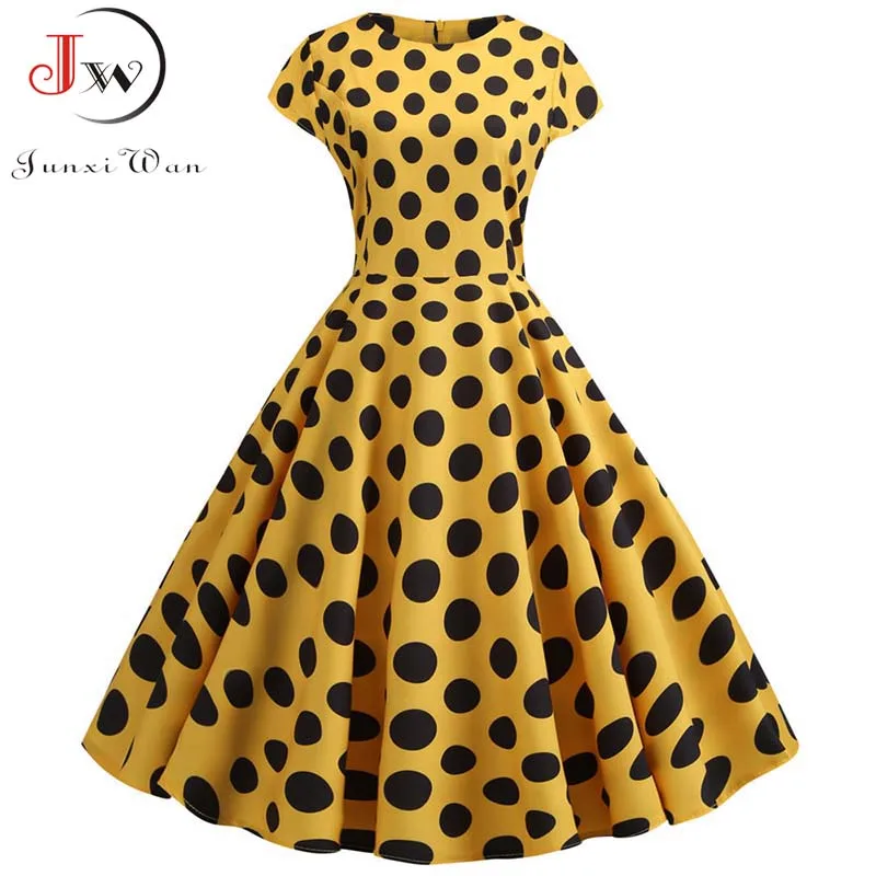 Summer Short Sleeve Polka Dot Dress Women Elegant Casual Print A-Line Vintage Big Swing Rockabilly Vestidos