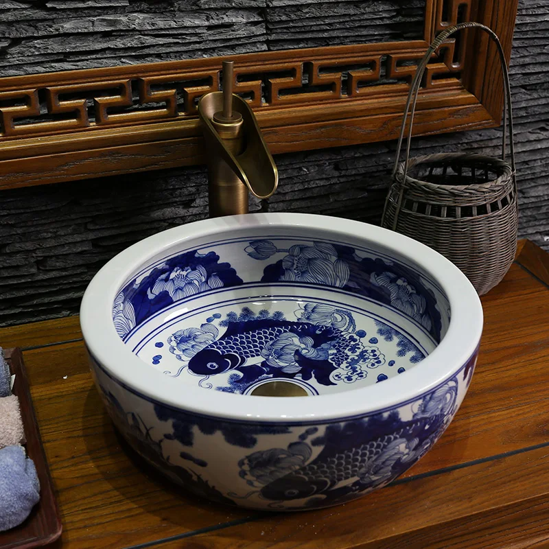 

Porcelain China Classic Painting Art blue and white Countertop Ceramic Bathroom Sink sanitary ceramic art basin