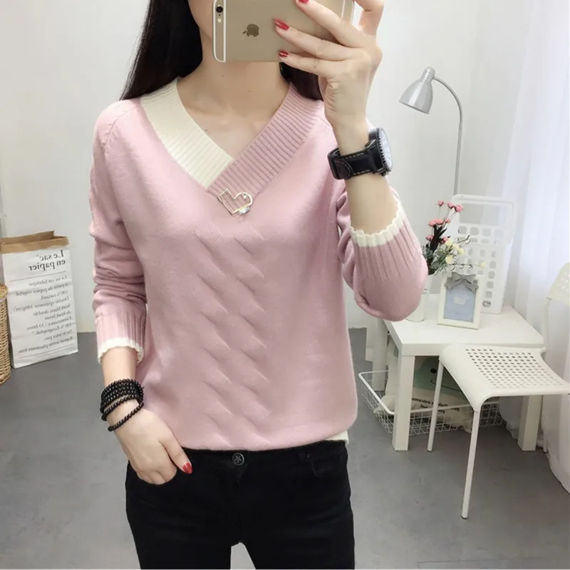 UHYTGF Fashion Women Sweater Warm Pullover and Jumpers Crewneck Pullover Twist Pull Jumpers Autumn Knitted Sweaters V neck 196