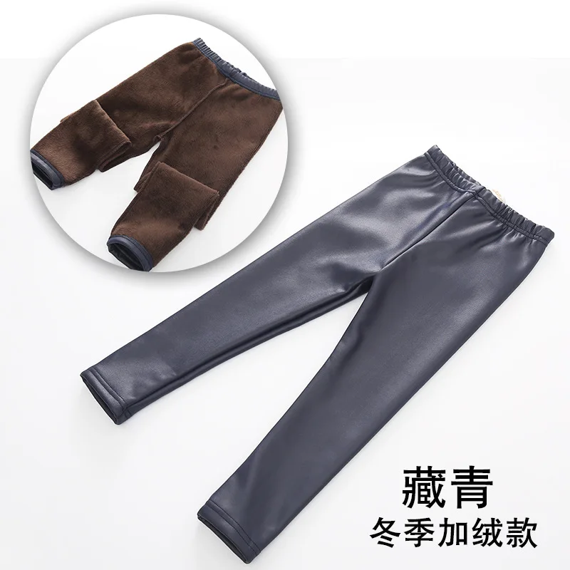 New Winter Girl Add Wool Imitation Leather Leggings Big girls Black Leggings Plush Leather Pants