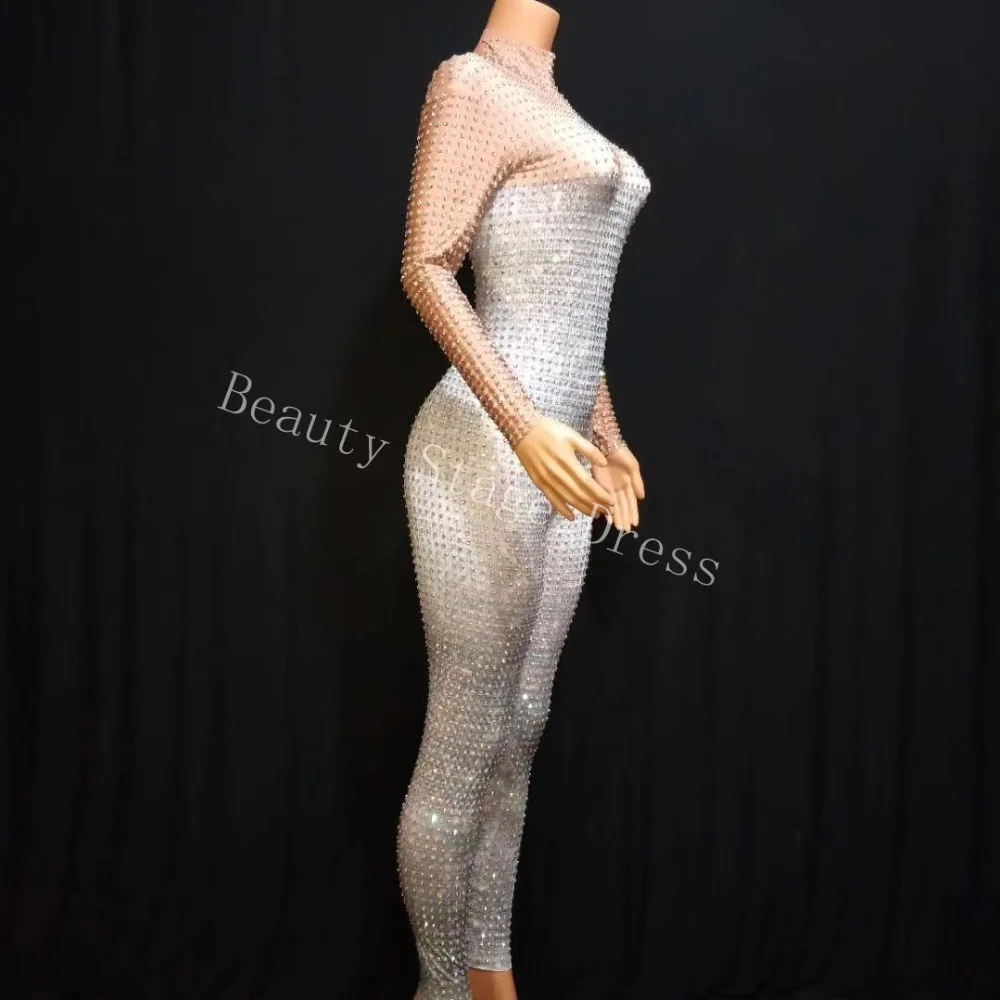 Silver Color Diamond Long Sleeve Jumpsuit Sexy stretch evening birthday dress Singer Hosting Master of Ceremony DJ Stage Costume