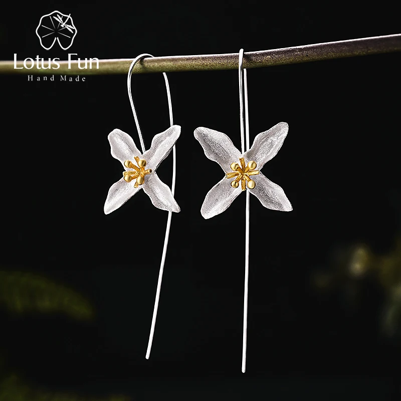 Lotus Fun Real 925 Sterling Silver Natural Handmade Fine Jewelry Vintage Poetic Clover Fashion Drop Earrings for Women Brincos