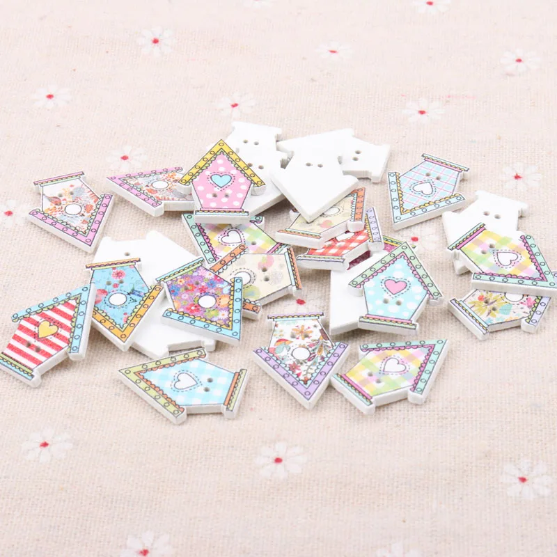 Wooden Buttons Cute Colorful mini house Shape Buttons 2 Holes Handmade Sewing Scrapbooking Crafts DIY 21x27mm 30pcs