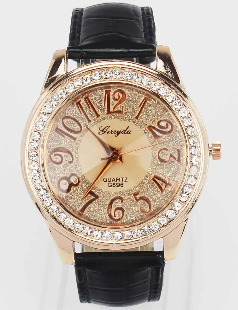 New Fashion Trendy Women Rose Gold Bling Dial Crystal Black White Pink Brown Leather Band Quartz Wrist Watch