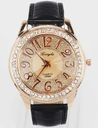 New Fashion Trendy Women Rose Gold Bling Dial Crystal Black White Pink Brown Leather Band Quartz Wrist Watch