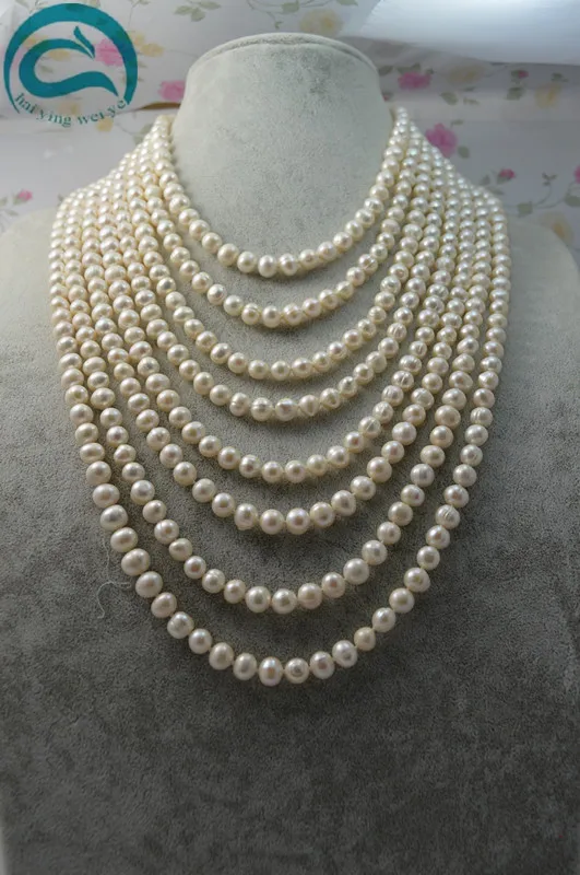 Unique Pearls jewellery Store White Color Natural Freshwater Pearl Necklace AA 6-7MM 8rows Natural Pearl Woman Fine Jewelry