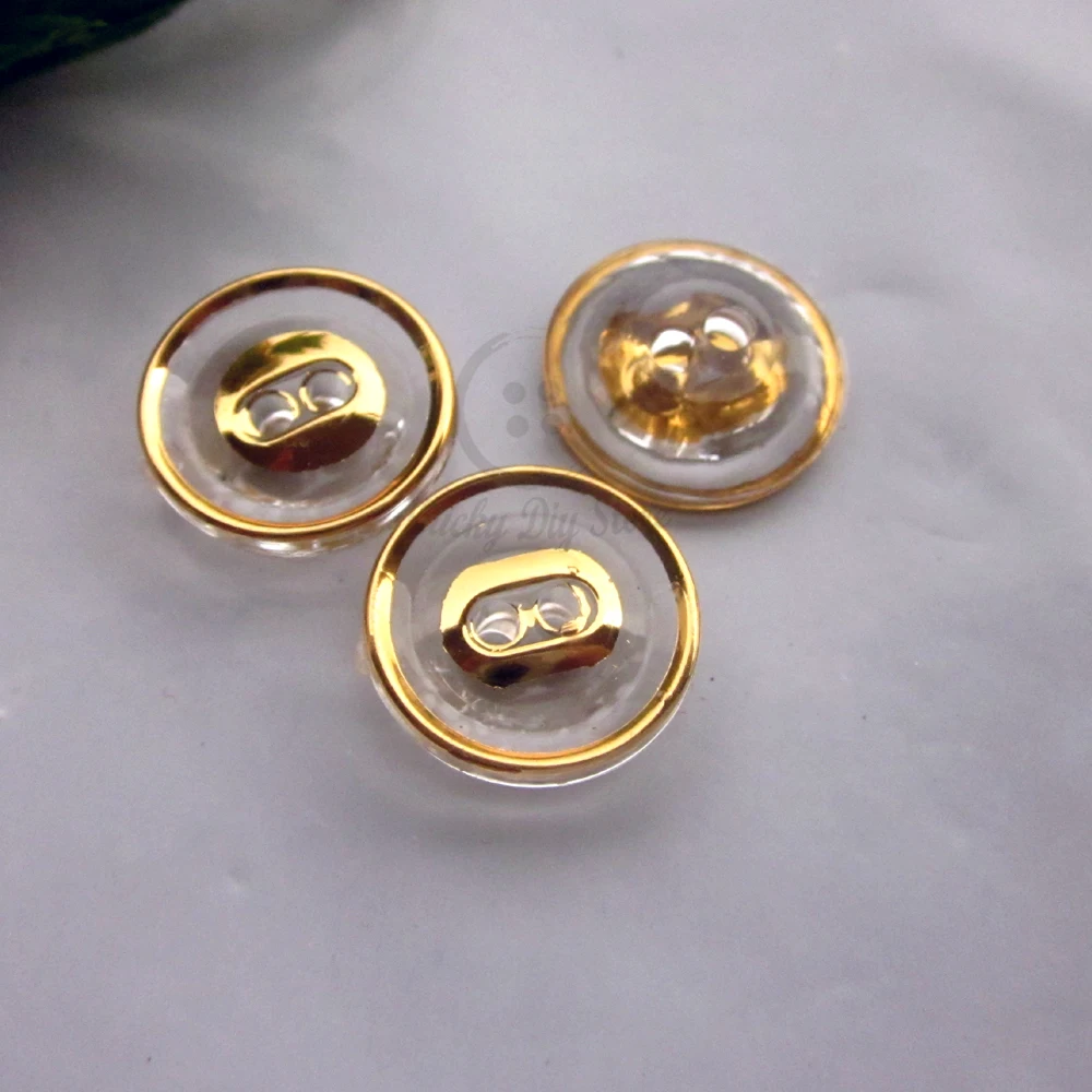 60pcs 12.5mm Gold Edge Transparent Crystal Shirt Buttons for Sewing Diy Craft Decoration 2 holes Acrylic Sewing Materials