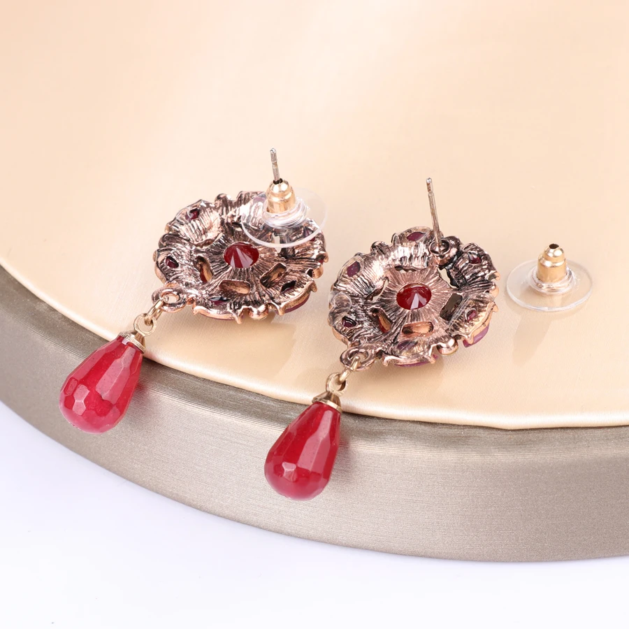 Kinel Brand Red Crystal Flower Drop Earrings For Women 2018 Vintage Natural Stone Earring Love Wedding Jewelry Party Gifts