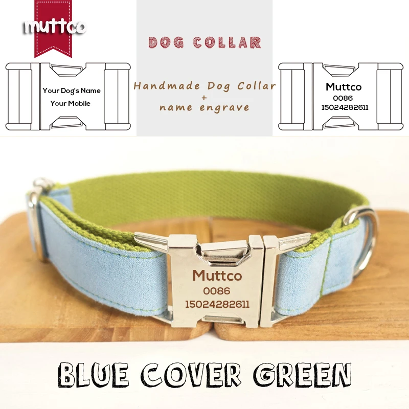 MUTTCO retailing self-design collar BLUE COVER GREEN handmade collar engraved pet collar with nameplate phone ID 5 sizes UDC033