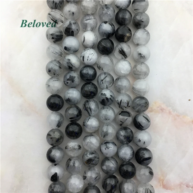 Genuine Round Black Rutilated Quartz Loose Beads, Smooth Hair Stone Divergent Crystal Gems Bead For Jewelry DIY, BG18139