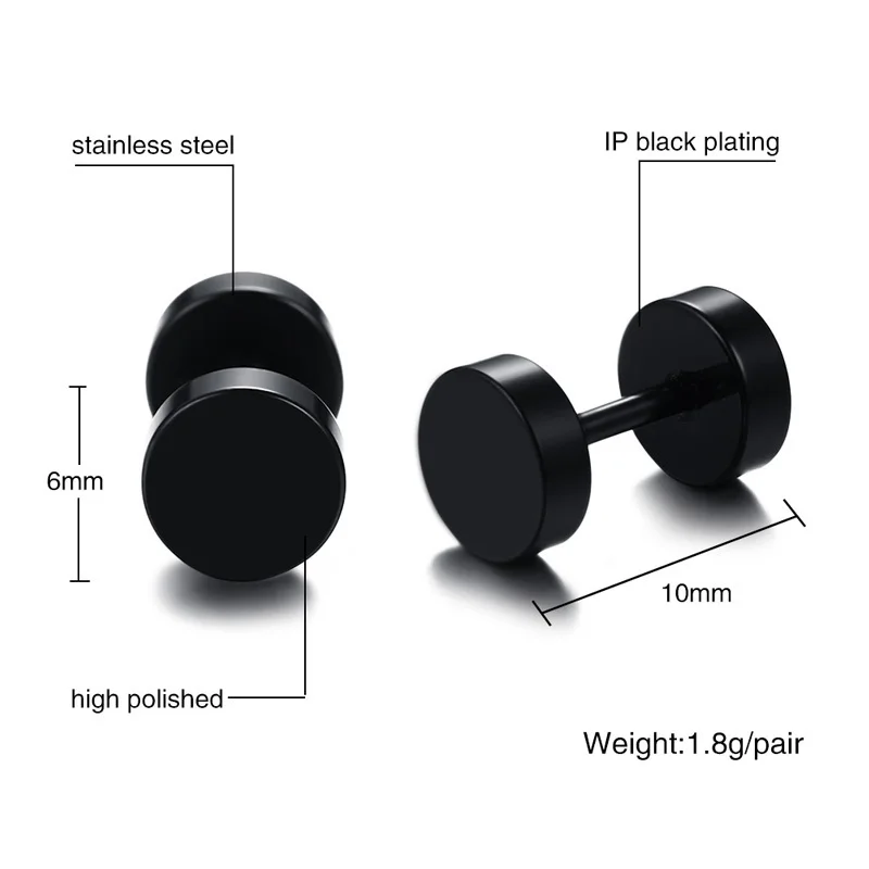 6MM-10MM Black Screw Stud Earrings for Men Women Stainless Steel Cheater Fake Ear Plugs Gauges Illusion Tunnel Earing Jewelry