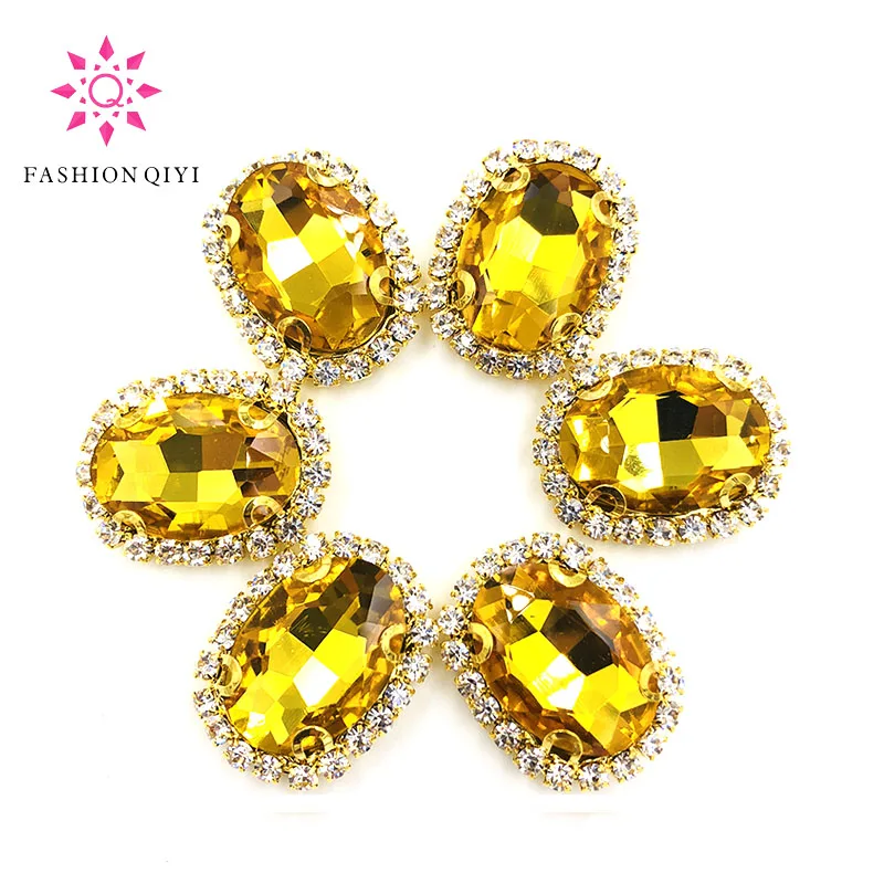 10pcs/pack Gold yellow oval shape sew on rhinestones 10X14mm/13X18mm/18X25mm Gold bottom crystal buckle DIY Jewelry Accessories