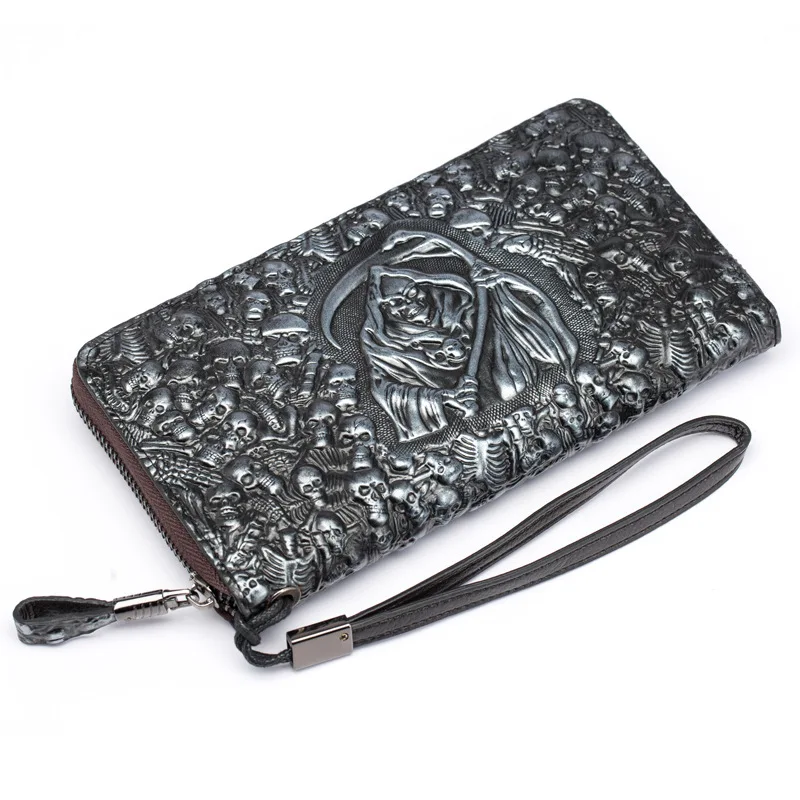 

New Genuine Leather Men Long Wallet Purse Card Holder Coin Pocket Grim Reaper Male Wallets High-Capacity Multi-Card S073