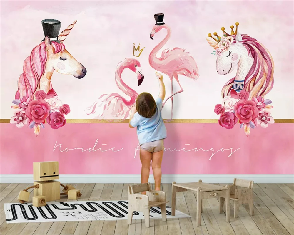 

beibehang Custom fashion modern stereo wallpaper Nordic pink couple flamingo unicorn background wall papers home decor behang