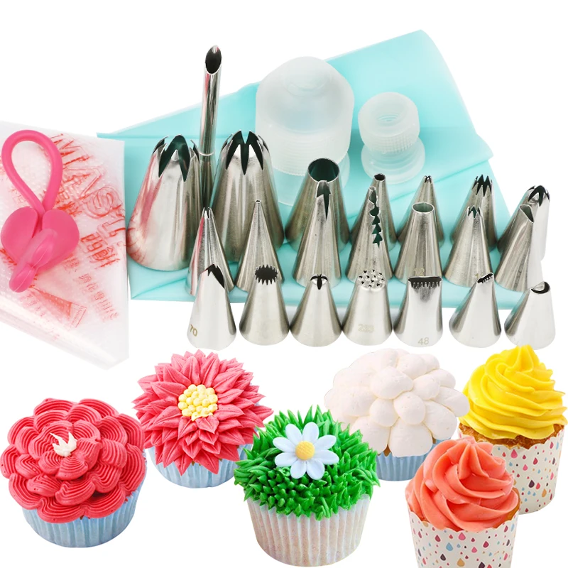 26pcs Cake Decorating Supplies Baking Tools with 22 Icing Tips (2 BIG SIZE Tips,19 Regular Tips, 1 puff Tip) pastry bag coupler