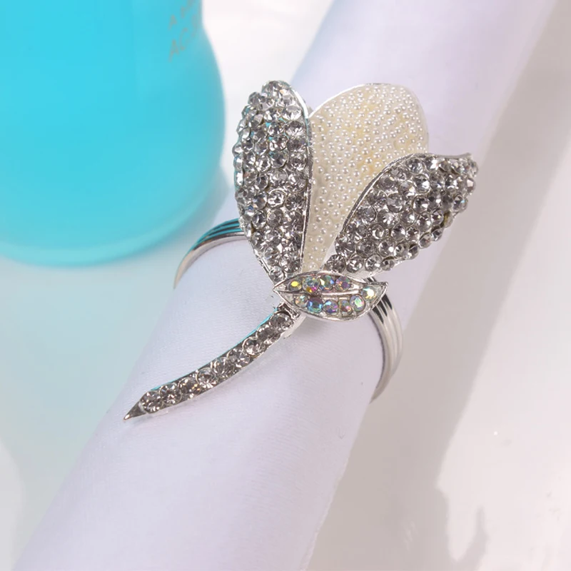 Shiny Silver Plating With White Pearls And Clear Rhinestones Jeweled Tulip Design Metal Alloy Napkin Rings Set Of 6 Pieces