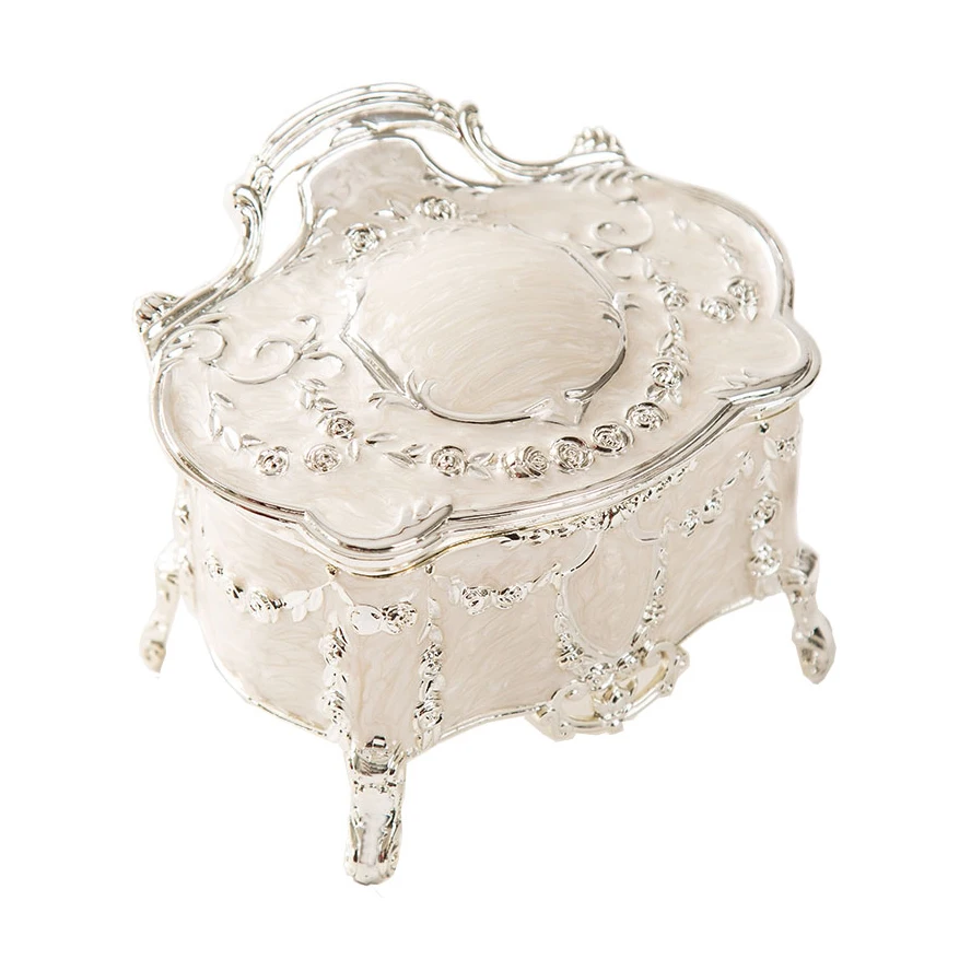 

Luxury European Accents Embossed Rose Flower Design Silver White Hand Painted and Jeweled Feeted Metal Jewelry Trinket Box