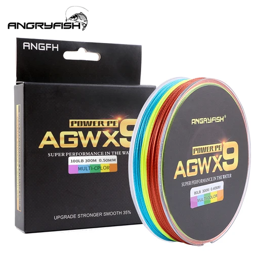 Angryfish 300M 9 hebras súper tejido Multicolor PE trenzado línea de pesca fuerte línea de pescado