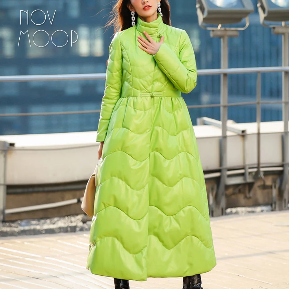 Imagem -04 - Inverno Feminino Couro Genuíno Pato para Baixo Cabolsa Preto Verde Vermelho Onda Acolchoado Pele de Cordeiro Real Couro a Linha x Longo Trench Coat Lt1872