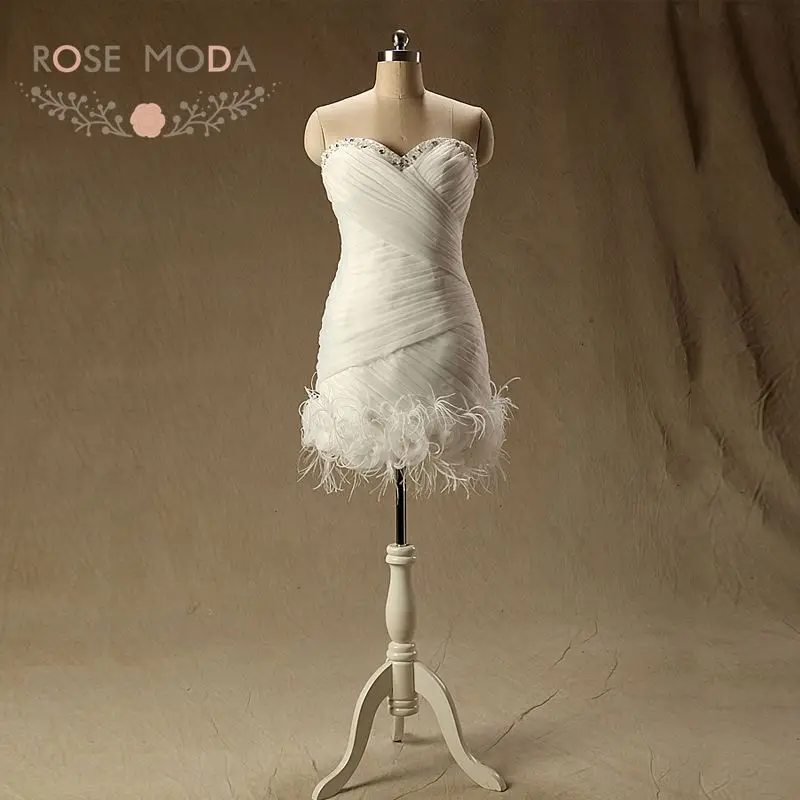 Rosa moda organza curto recepção vestido de casamento com penas destino vestido de noiva fotos reais