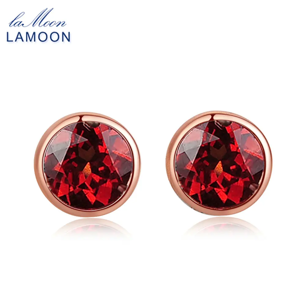 LAMOON Classic 5mm 1ct 100% Round Natural Red Garnet 925 Sterling Silver Jewelry  Stud Earrings S925 LMEI016