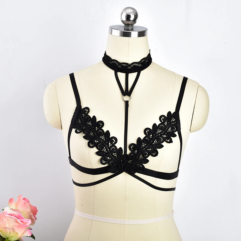 

Black Sexy Lace Harness Flower Body Cage Bra Open Chest Sexy Crop Top Bodage Harness Women Bodysuit Lace Bra