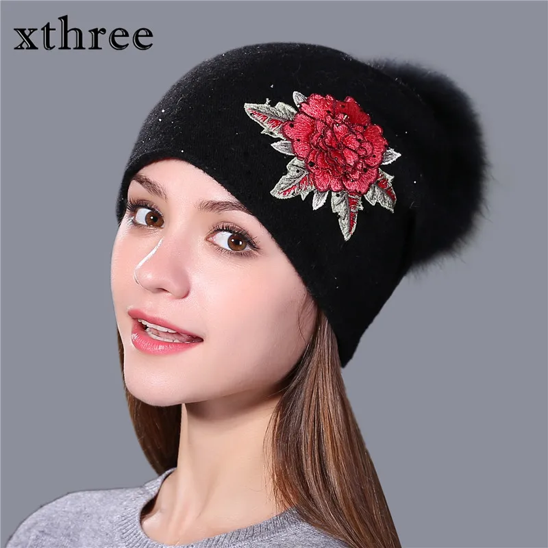 Xthree Female winter hat fashion embroidery knitted beanie hat for women real fox fur pom pom wool hat Skullie hat girls gorro