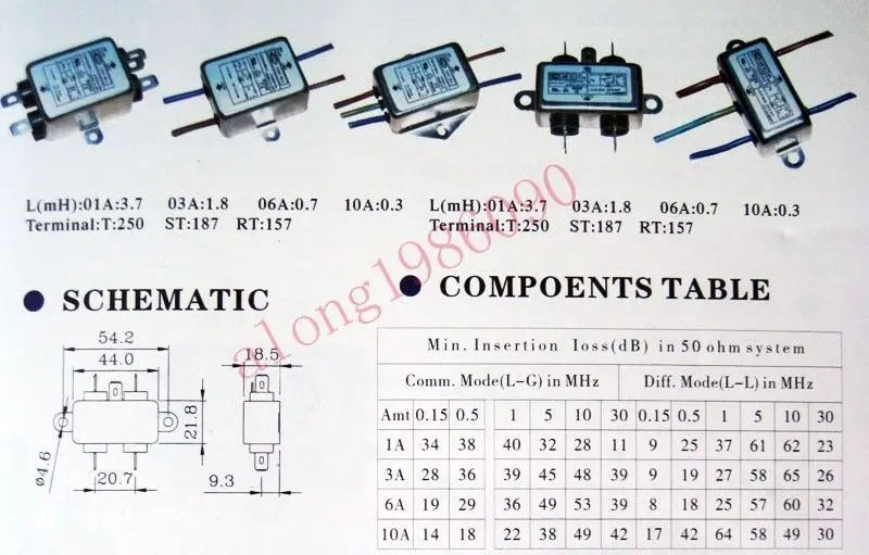 EMIフィルター単相AC電源線、115v、250v、3a、CW1B-3A-3A