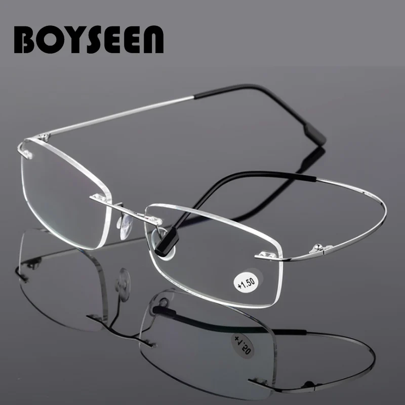 BOYSEEN Rimless Reading Glasses Men Titanium Alloy Fold Women Square Eyeglasses Presbyopic Frameless Eyewear  1.0  1.5  2.0  2.5