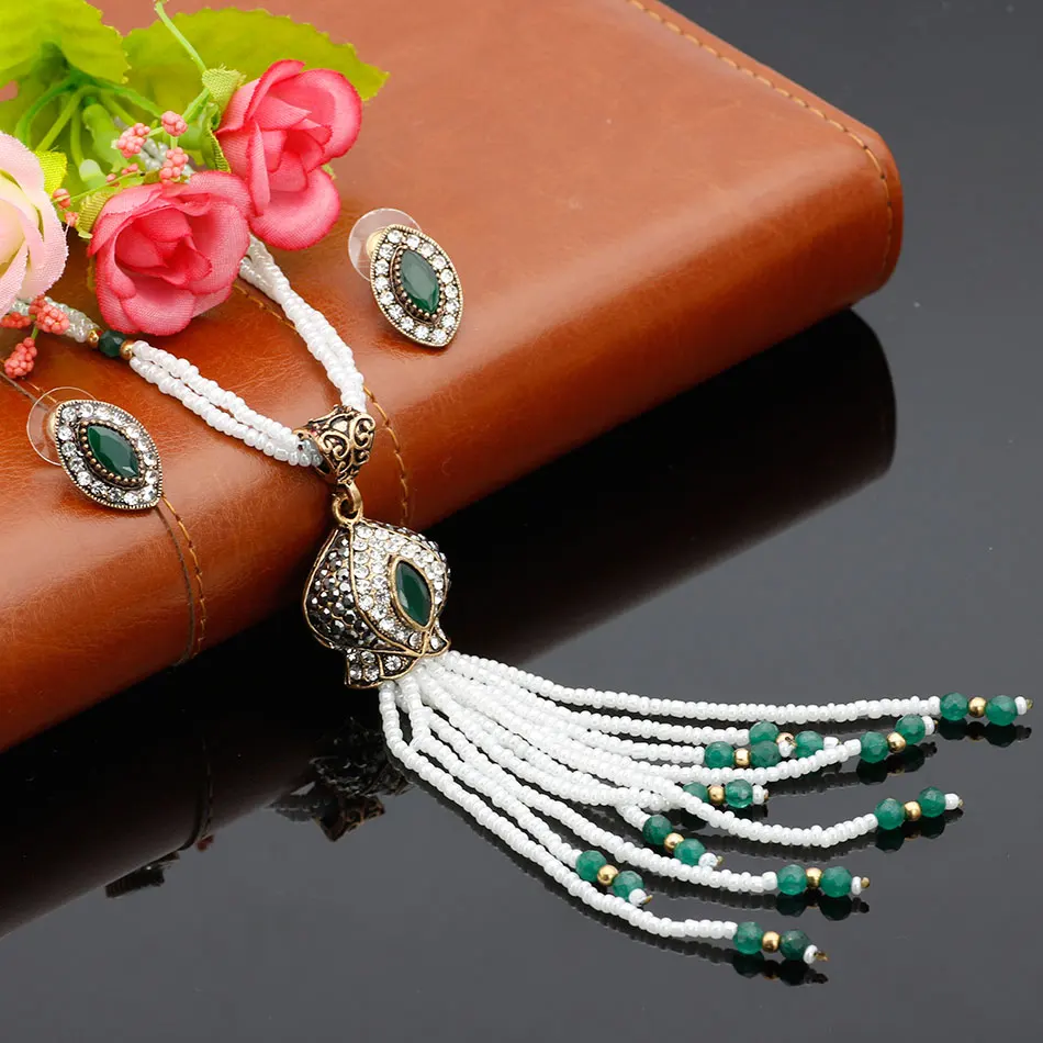 Fashion African Beads Jewelry Sets Charms Nigerian Wedding Long Tassels Necklace Stud Earring For Women Multi Layer Chain 2018