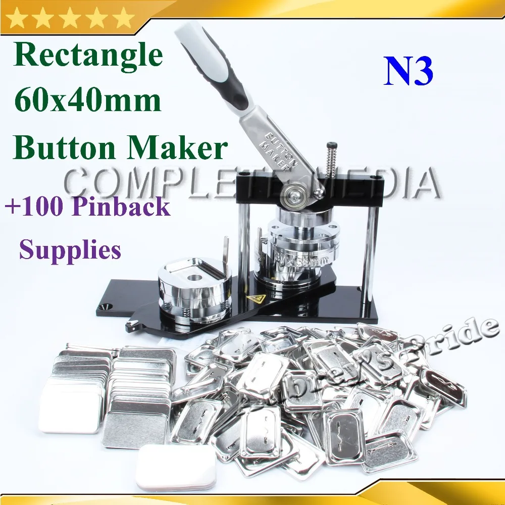 NEW Professional N3 Rectangle 60x40mm Badge Button Maker Machine +100 Set Metal Pinback Button Supplies