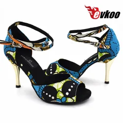 Evkoodance girls 8.5cm heel Zapatos De Baile Size US4-12 Blue African Print Satin Latin Ballroom Dance shoes DIY Women Evkoo-453