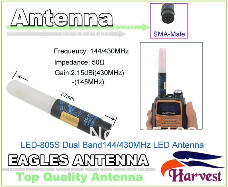 

2014 New UV5R Antenna SMA-Male Connector Original Harvest LED-805S Dual Band 144/430MHz LED Antenna for Baofeng UV-5R Radio