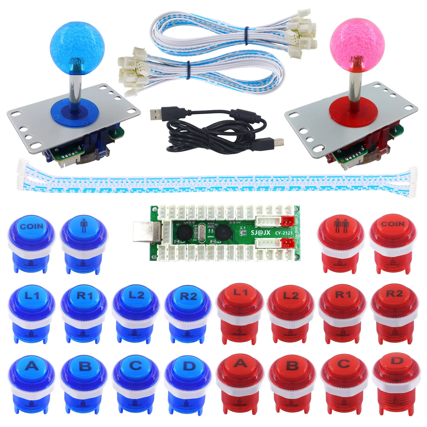 Zero Delay USB Encoder 2 Player SJ@JX 2 Player Arcade Game DIY Kit Mechanical Keyboard Switch PC Raspberry Pi 2/3 LED Button