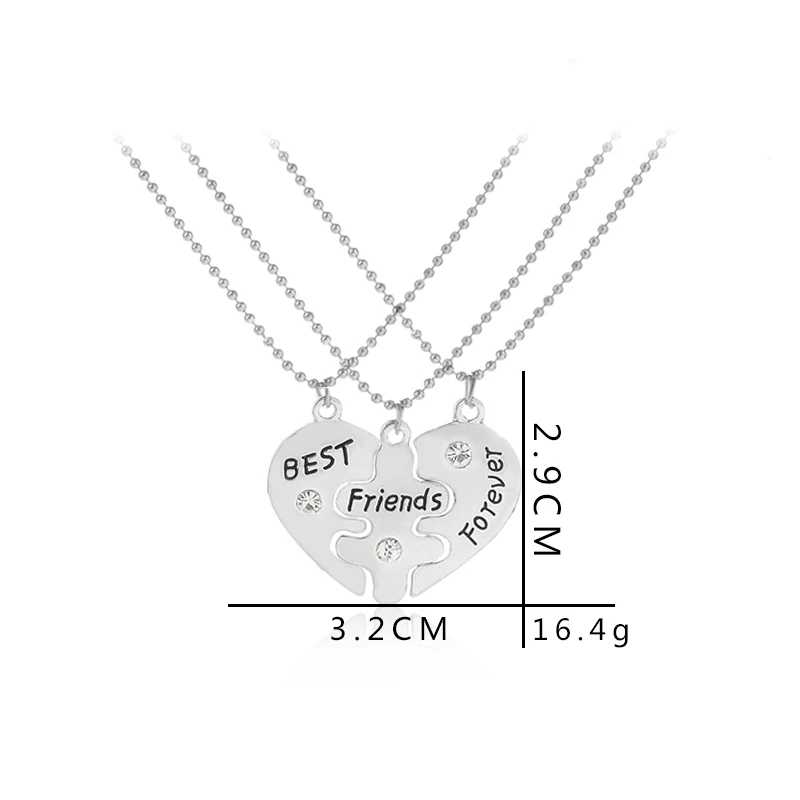 Xmas Gift BFF Statement Necklace 3 pcs Best Friends Forever Silver Color Necklaces Collar Friendship Heart Charm Pendant Gift