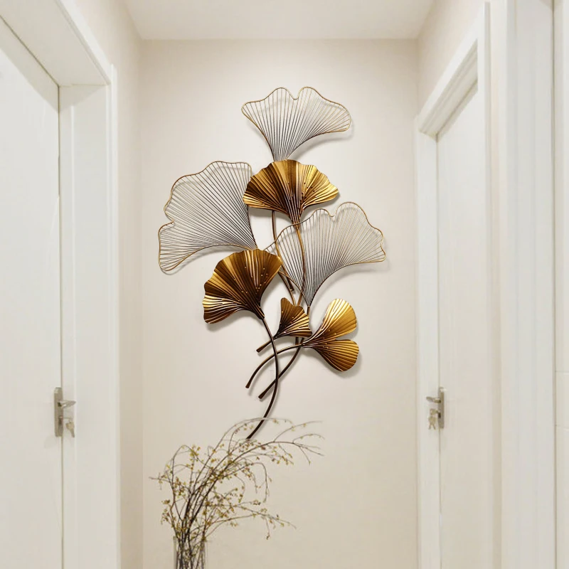 New Chinese Wrought Iron Wall Hanging Ginkgo Pendant Wall Decoration Hotel Home Livingroom Wall Background Ornament Mural Crafts